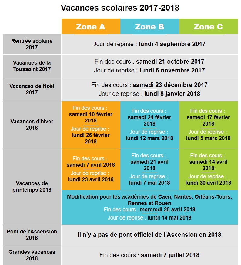 Calendrier vacances 2017 2018